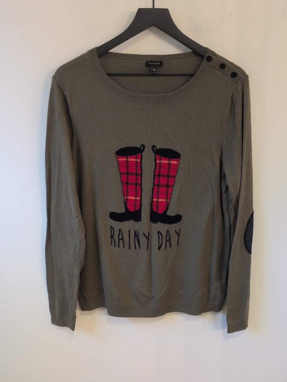 Talbots Olive Green Graphic Sweater "Rainy Day" Cozy Fall Sweater Crewneck XL